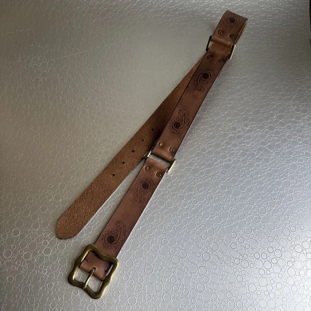 Lucky Brand Vintage Paisley Tooled Belt S Brown Leather Boho Western Cowgirl